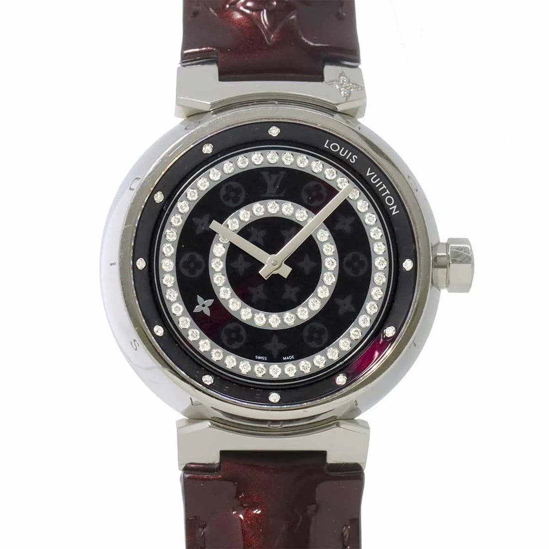 LOUIS VUITTON TAMBOUR DIAMON GM DIAMOND AMARANTE BORDEAUX DIAL WATCH: LOUIS VUITTON Tambour Diamon GM Diamond Amarante bordeaux Dial Watch Brand: LOUIS VUITTON Type/Style: Wristwatch Material: Stainless steel,Vernis Leather Color: Dial Color bordeaux Size: CaseSize Leng