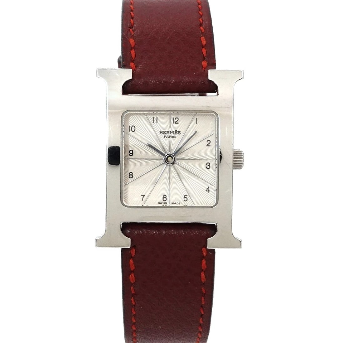 HERMES H WATCH QUARTZ SILVER DIAL WATCH: HERMES H Watch Quartz Silver Dial Watch Brand: HERMES Type/Style: Wristwatch Material: Stainless steel,Leather Color: Dial Color Silver Dial Size: CaseSize Length 30mm(included lag) CaseSize Width 21m