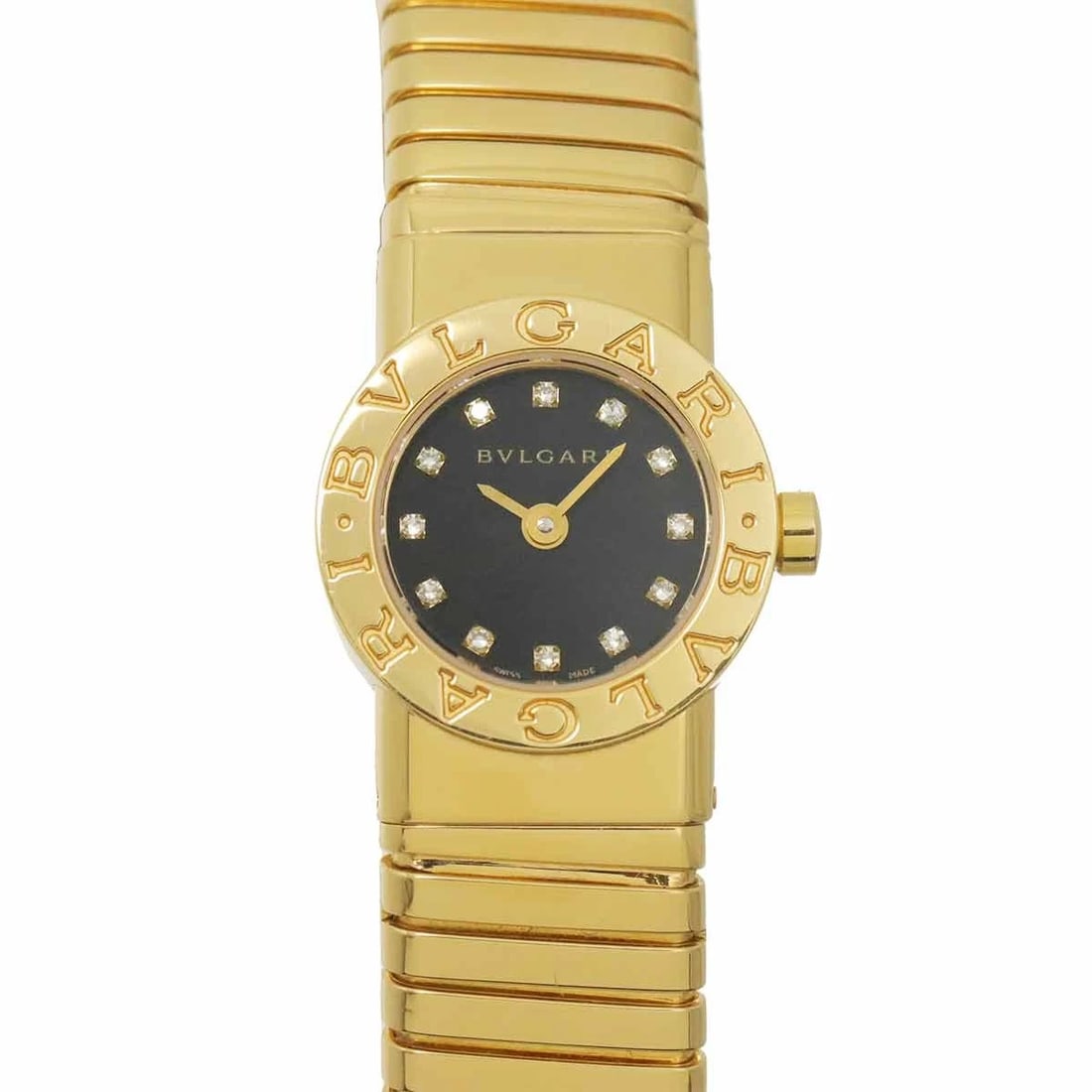 BVLGARI TUBOGAS DIAMOND 750 YG BLACK DIAL WATCH: BVLGARI Tubogas Diamond 750 YG Black Dial Watch Brand: BVLGARI Type/Style: Wristwatch Material: 750 Yellow Gold Color: Dial Color Black Size: CaseSize Length 19mm CaseSize Width 19mm(not included crow