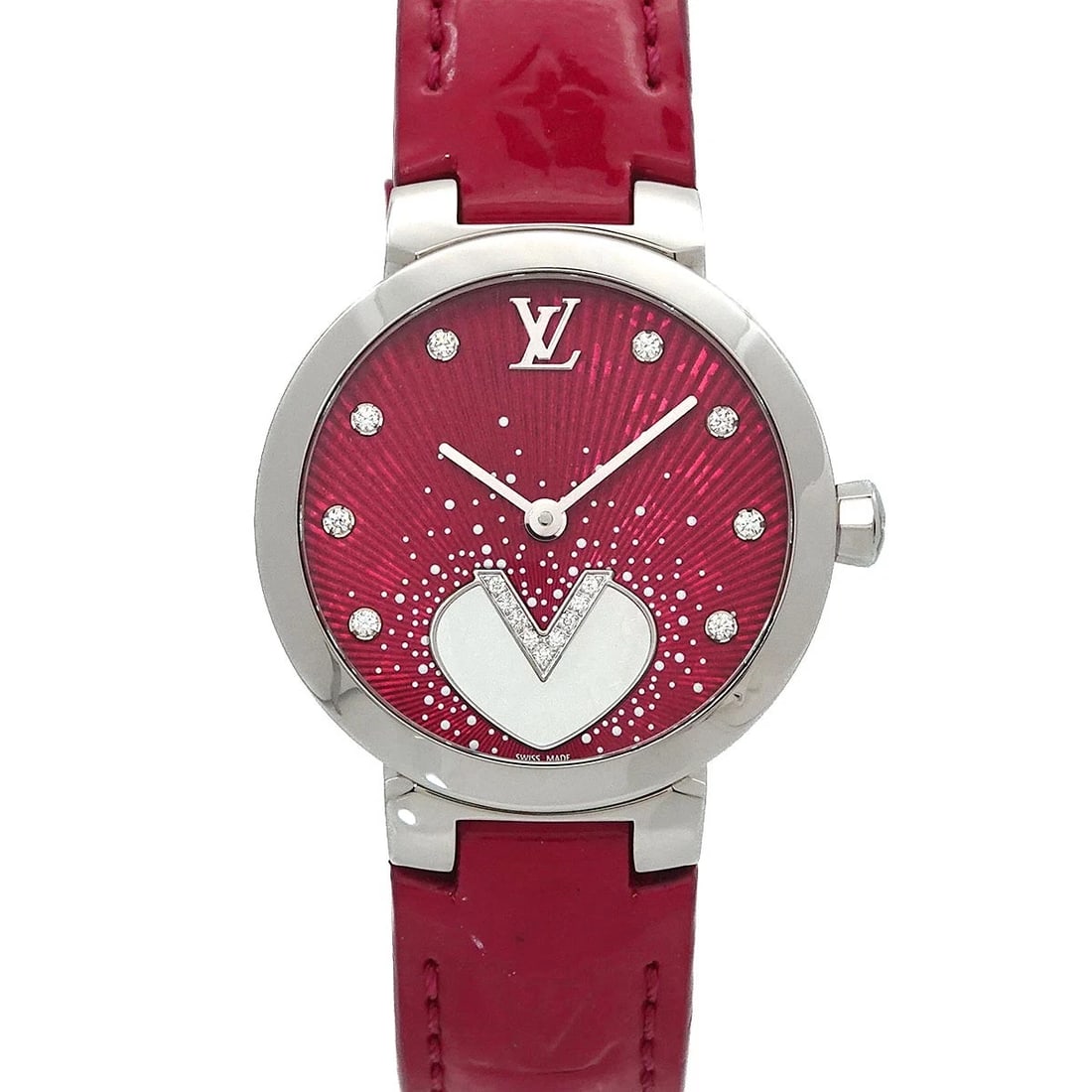 LOUIS VUITTON TAMBOUR DIAMOND PINK DIAL WATCH: LOUIS VUITTON Tambour Diamond Pink Dial Watch Brand: LOUIS VUITTON Type/Style: Wristwatch Material: Stainless steel,Vernis Leather Color: Dial Color Pink Size: CaseSize Length 33mm(insluded lag)