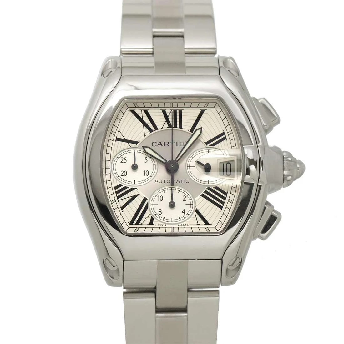 CARTIER ROADSTER CHRONOGRAPH DATE AUTOMATIC SILVER DIAL WATCH: Cartier Roadster Chronograph Date Automatic Silver Dial Watch Brand: Cartier Type/Style: Wristwatch Material: Stainless steel Color: Dial Color Silver Size: CaseSize Length 47mm(included lag) CaseSize
