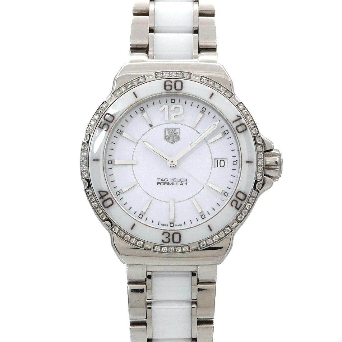 TAG HEUER FORMULA DIAMOND BEZEL DATE WHITE DIAL WATCH: TAG Heuer Formula Diamond Bezel Date White Dial Watch Brand: TAG Heuer Type/Style: Wristwatch Material: Stainless steel,Ceramic Color: Dial Color White Size: CaseSize Length 38mm(included lag)