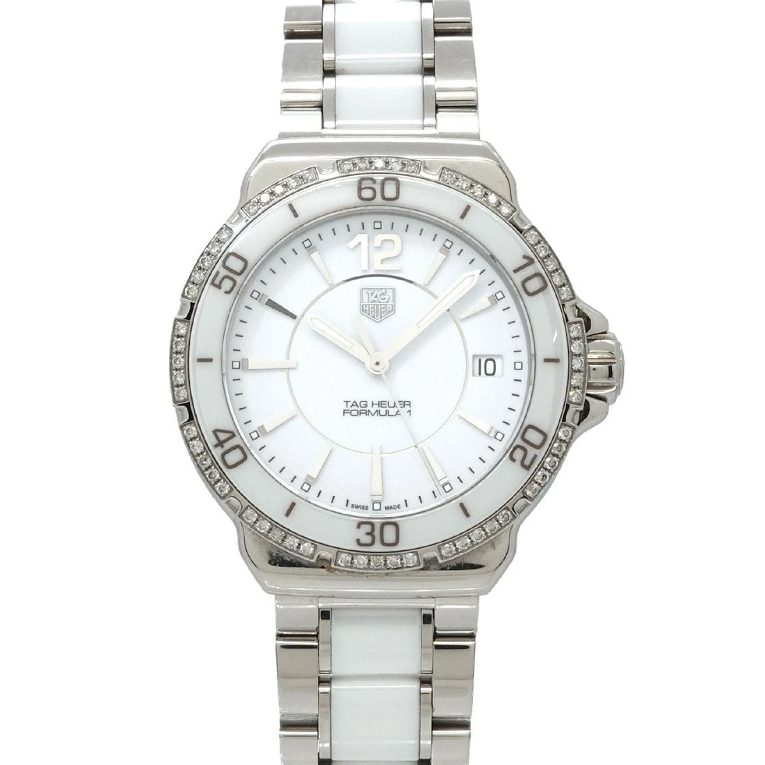 TAG HEUER FORMULA DIAMOND BEZEL DATE WHITE DIAL WATCH: TAG Heuer Formula Diamond Bezel Date White Dial Watch Brand: TAG Heuer Type/Style: Wristwatch Material: Stainless steel,Ceramic Color: Dial Color White Size: CaseSize Length 38mm(included lag)