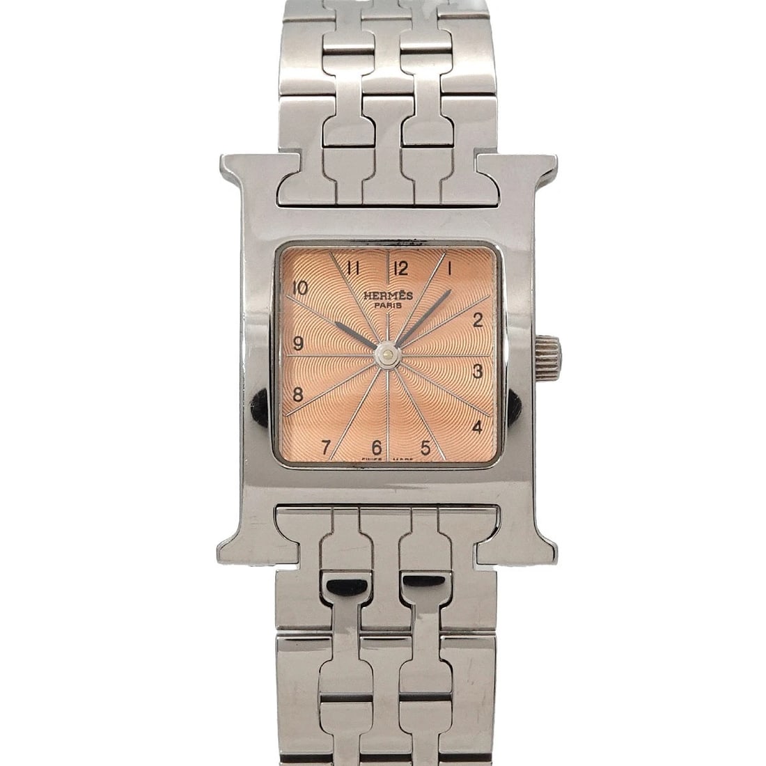 HERMES H WATCH QUZRTZ PINK DIAL WATCH: HERMES H Watch Quzrtz Pink Dial Watch Brand: HERMES Type/Style: Wristwatch Material: Stainless steel Color: Dial Color Pink Size: CaseSize Length 30mm(included lag) CaseSize Width 21mm(not included cr