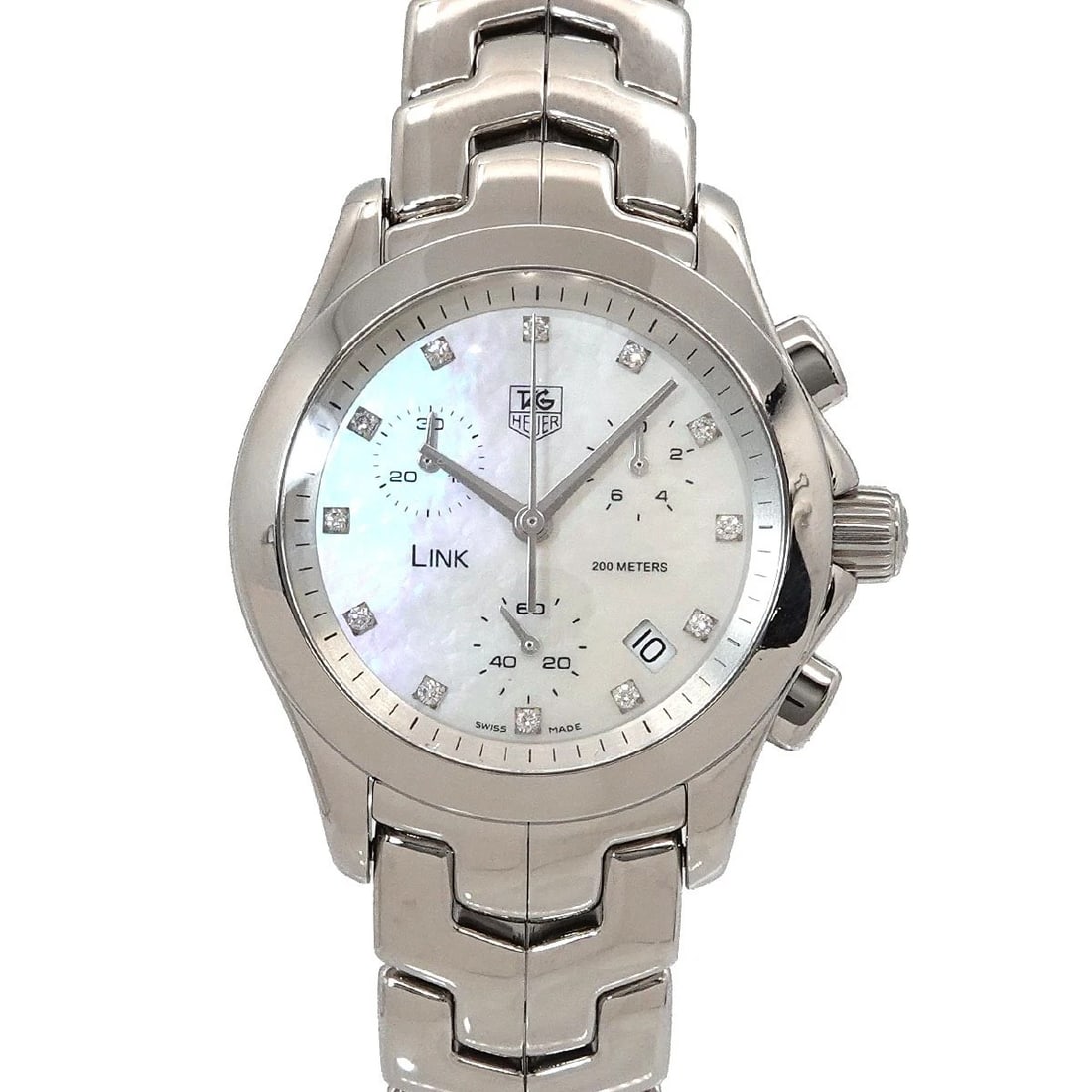 TAG HEUER LINK CHRONOGRAPH DATE DIAMOND WHITE SHELL DIAL WATCH: TAG Heuer Link Chronograph Date Diamond White Shell Dial Watch Brand: TAG Heuer Type/Style: Wristwatch Material: Stainless steel Color: Dial Color White Shell Size: CaseSize Length 38mm(included lag) 