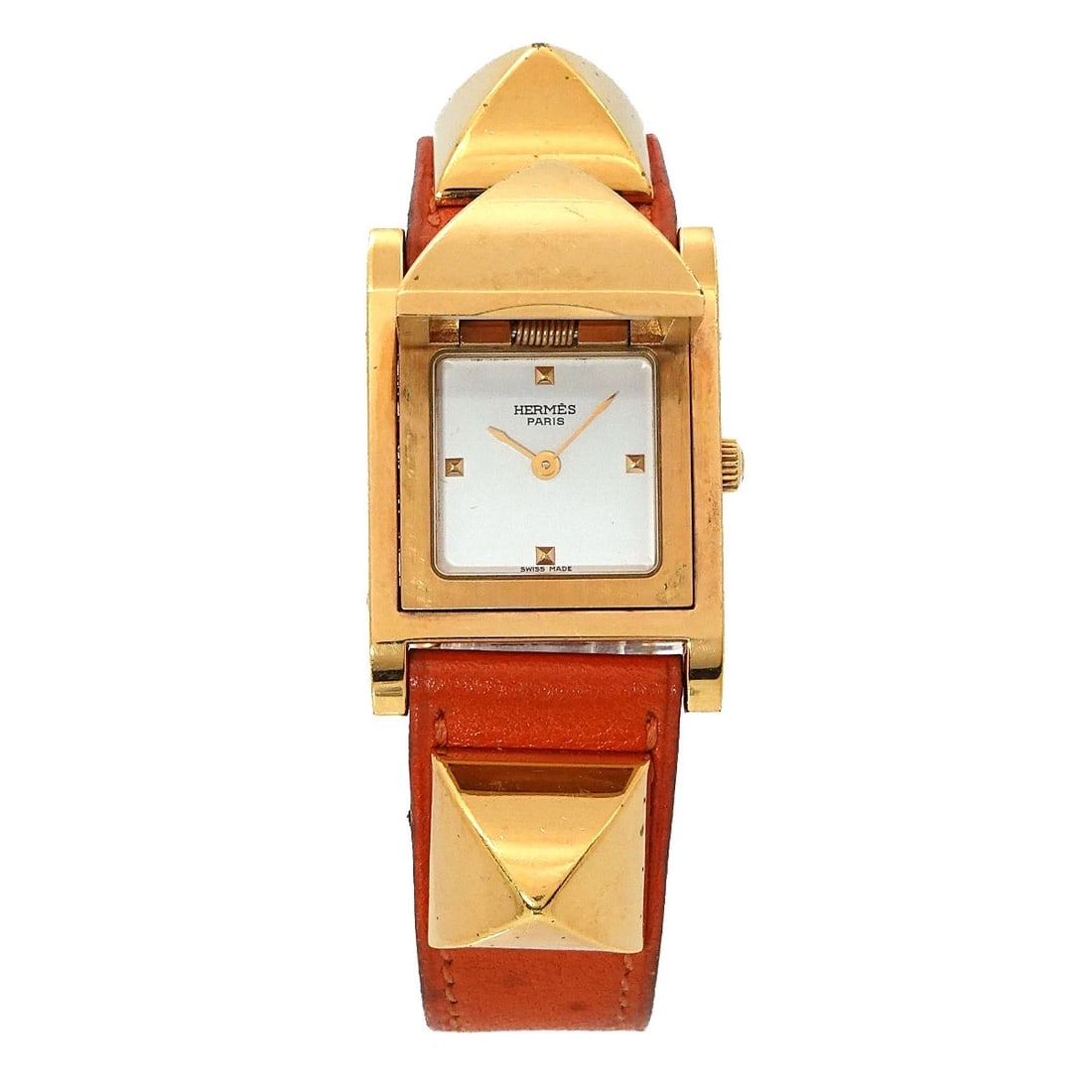 HERMES MEDOR GOLD STUDS QUARTZ WHITE DIAL WATCH: HERMES Medor Gold studs Quartz White Dial Watch Brand: HERMES Type/Style: Wristwatch Material: Stainless steel,Leather Color: Dial Color White Size: CaseSize Length 32mm(included lag) CaseSize Width 2