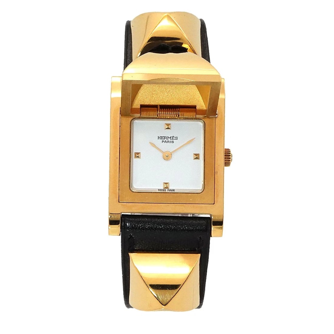 HERMES MEDOR PYRAMID GOLD STUDS QUARTZ WHITE DIAL WATCH: HERMES Medor pyramid Gold studs Quartz White Dial Watch Brand: HERMES Type/Style: Wristwatch Material: Stainless steel,Leather Color: Dial Color White Size: CaseSize Length 32mm(included lag) CaseSize