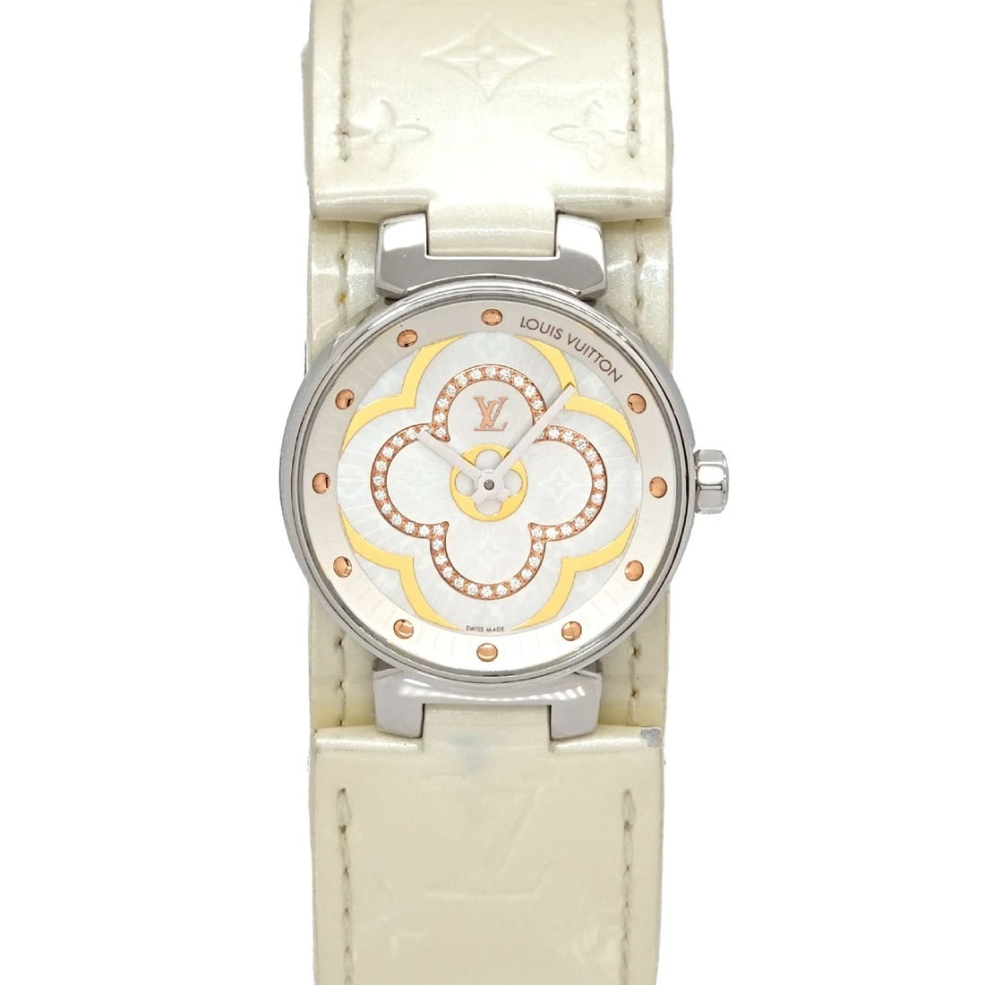 LOUIS VUITTON TAMBOUR MOON DIVINE QUARTZ DIAMOND WATCH: LOUIS VUITTON Tambour Moon Divine Quartz Diamond Watch Brand: LOUIS VUITTON Type/Style: Wristwatch Material: Stainless steel,vernis leather Color: Dial Color none Size: CaseSize Length 35mm(included l