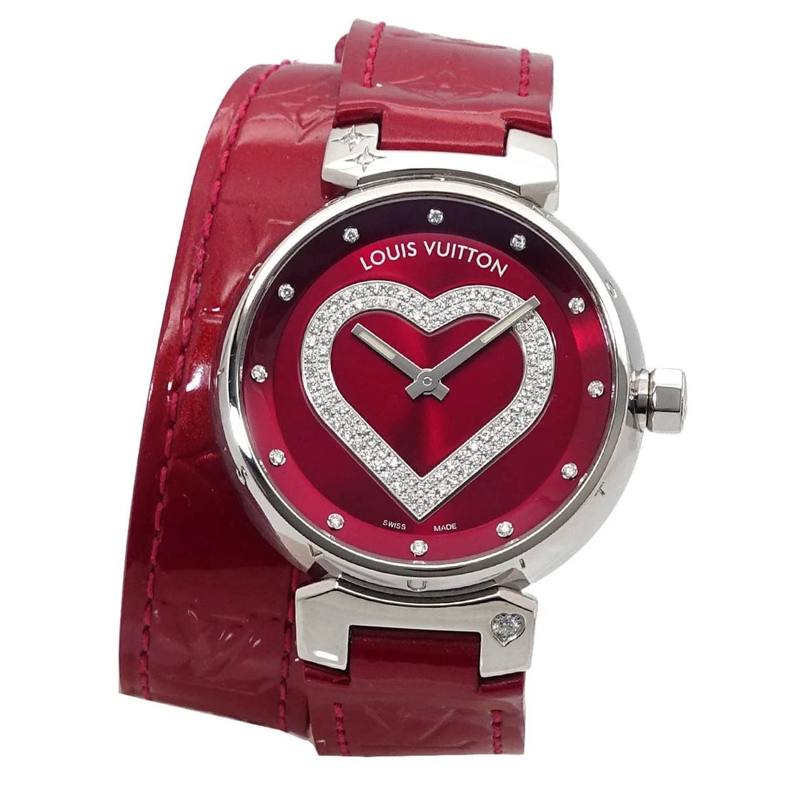 LOUIS VUITTON TAMBOUR HEAT POMDAMOUR DIAMOND BORDEAUX DIAL WATCH: LOUIS VUITTON Tambour Heat Pomdamour Diamond Bordeaux Dial Watch Brand: LOUIS VUITTON Type/Style: Wristwatch Material: Stainless steel,vernis leather Color: Dial Color Bordeaux Size: CaseSize Length 4