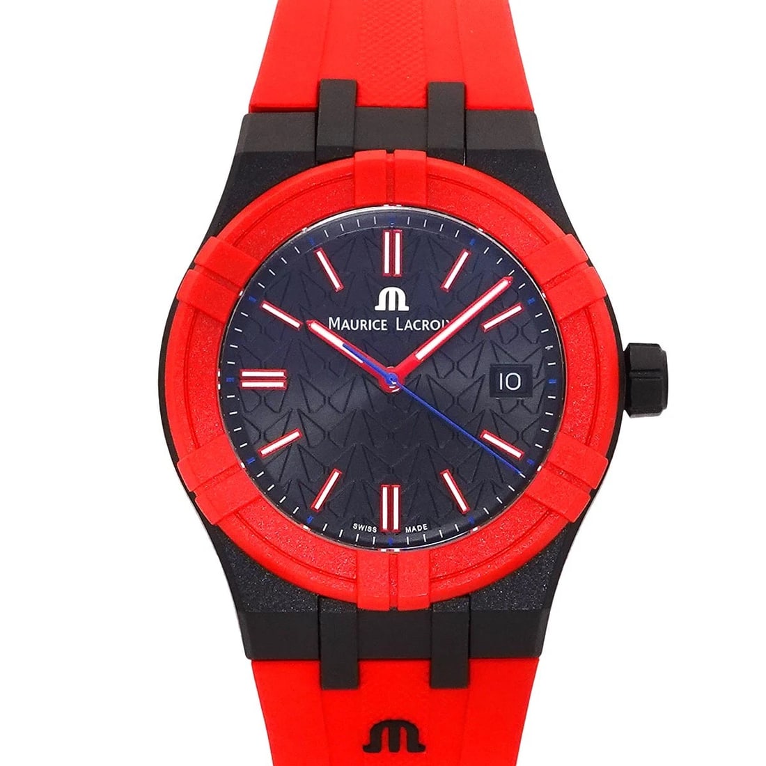 MAURICE LACROIX AIKON TIDE QUARTS RED DIAL WATCH: MAURICE LACROIx AIKON TIDE Quarts Red Dial Watch Brand: MAURICE LACROIx Type/Style: Wristwatch Material: Plastic,Rubber Color: Dial Color Red Size: CaseSize Length 52mm(included lag) CaseSize Width 40
