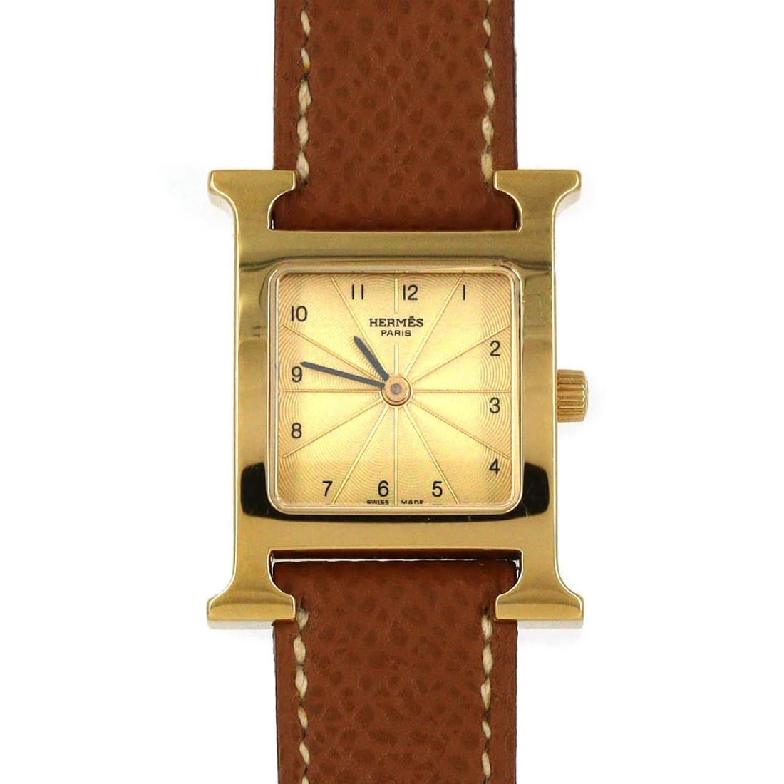 HERMES H WATCH GOLD PLATED GOLD PLATED QUARTZ WATCH: Hermes H Watch Gold Plated Gold Plated Quartz Watch Brand: HERMES Type/Style: Wrist watch Material: Case: Gold plated Bracelet: Strap Color: Dial color: Gold Size: Case diameter: 21x30 Accessories