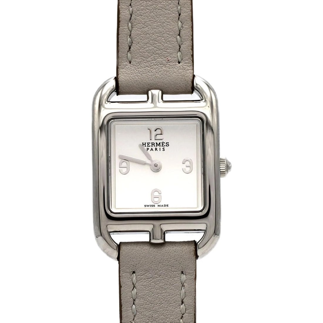 HERMES STAINLESS STEEL QUARTZ WATCH: Hermes Stainless Steel Quartz Watch Brand: HERMES Type/Style: Wrist watch Material: Case: Stainless Steel Bracelet: Strap Color: Dial Color: Silver Band Color: Gray Size: Case diameter approximately: 