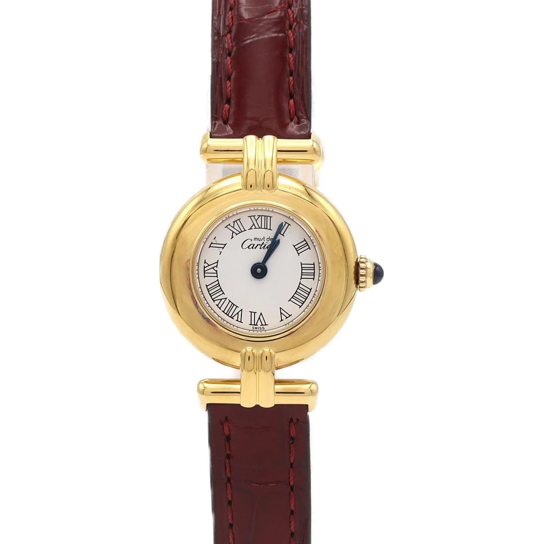 CARTIER MUST COLISEE SM GOLD PLATED GOLD PLATED WATCH: Cartier Must Colisee SM Gold Plated Gold Plated Watch Brand: CARTIER Type/Style: Wrist watch Material: Case: Gold plated Bracelet: Strap Color: Dial Color: White/Roman Band Color: Red Size: Case diame
