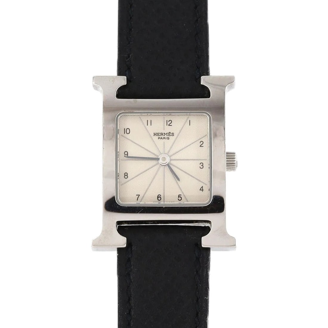 HERMES H-WATCH STAINLESS STEEL WATCH: Hermes H-Watch Stainless Steel Watch Brand: HERMES Type/Style: Wrist watch Material: Case: Stainless Steel Bracelet: Strap Color: Dial Color: Silver/Arabic Band Color: Black Size: Case diameter: 21x30