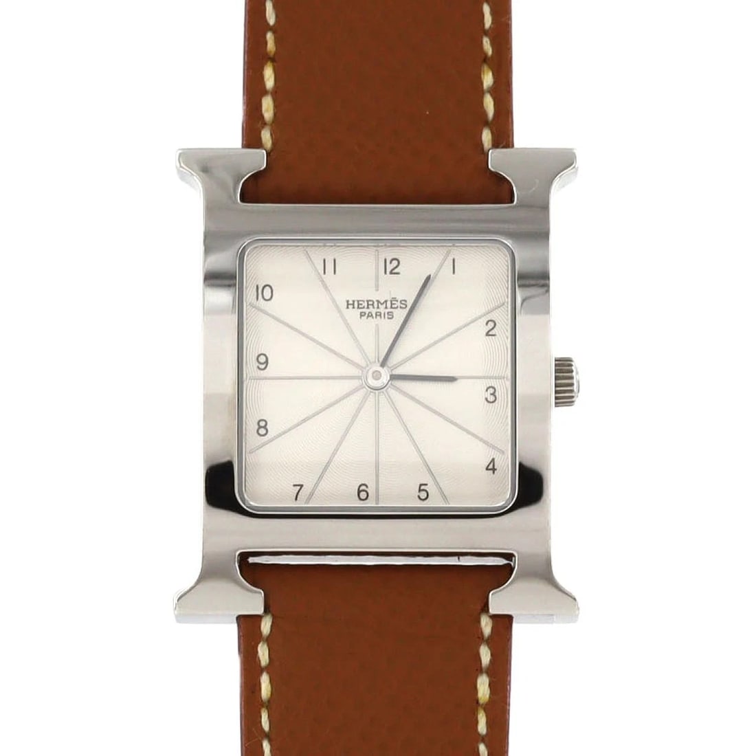 HERMES H WATCH STAINLESS STEEL QUARTZ WATCH: Hermes H Watch Stainless Steel Quartz Watch Brand: HERMES Type/Style: Wrist watch Material: Case: Stainless Steel Bracelet: Strap Color: Dial Color: Silver/Arabic Band Color: Brown Size: Case diameter