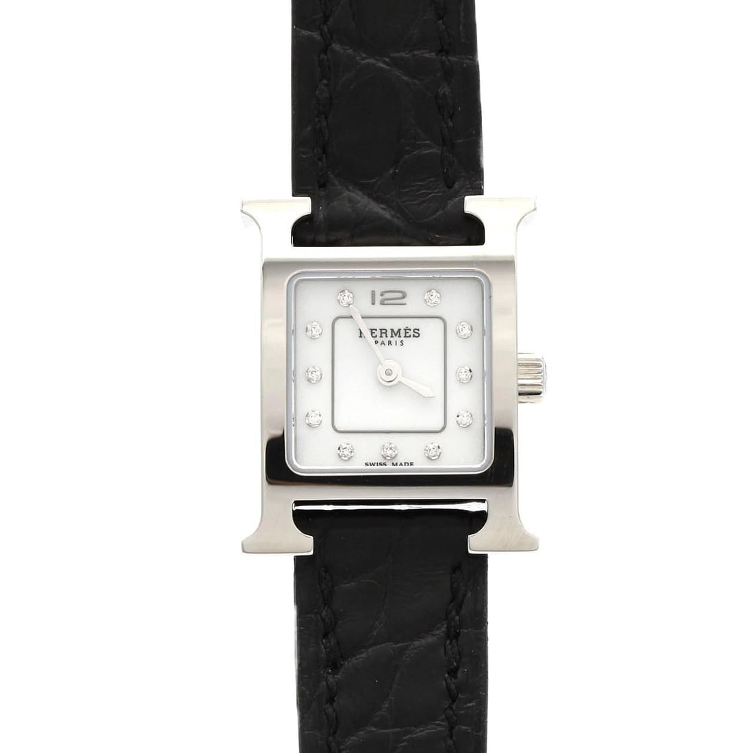 HERMES H-WATCH STAINLESS WATCH: Hermes H-Watch Stainless Watch Brand: HERMES Type/Style: Wrist watch Material: Case: Stainless Steel Bracelet: Strap Color: Dial Color: White/Diamond Band Color: Black Size: Case diameter: 17x24mm