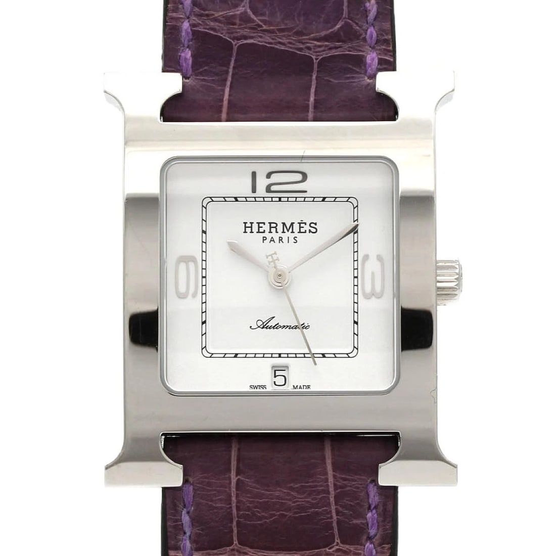 HERMES H-WATCH STAINLESS STEEL WATCH: Hermes H-Watch Stainless Steel Watch Brand: HERMES Type/Style: Wrist watch Material: Case: Stainless Steel Bracelet: Strap Color: Dial color: White Band color: Purple Size: Case diameter: 26.5 x 35