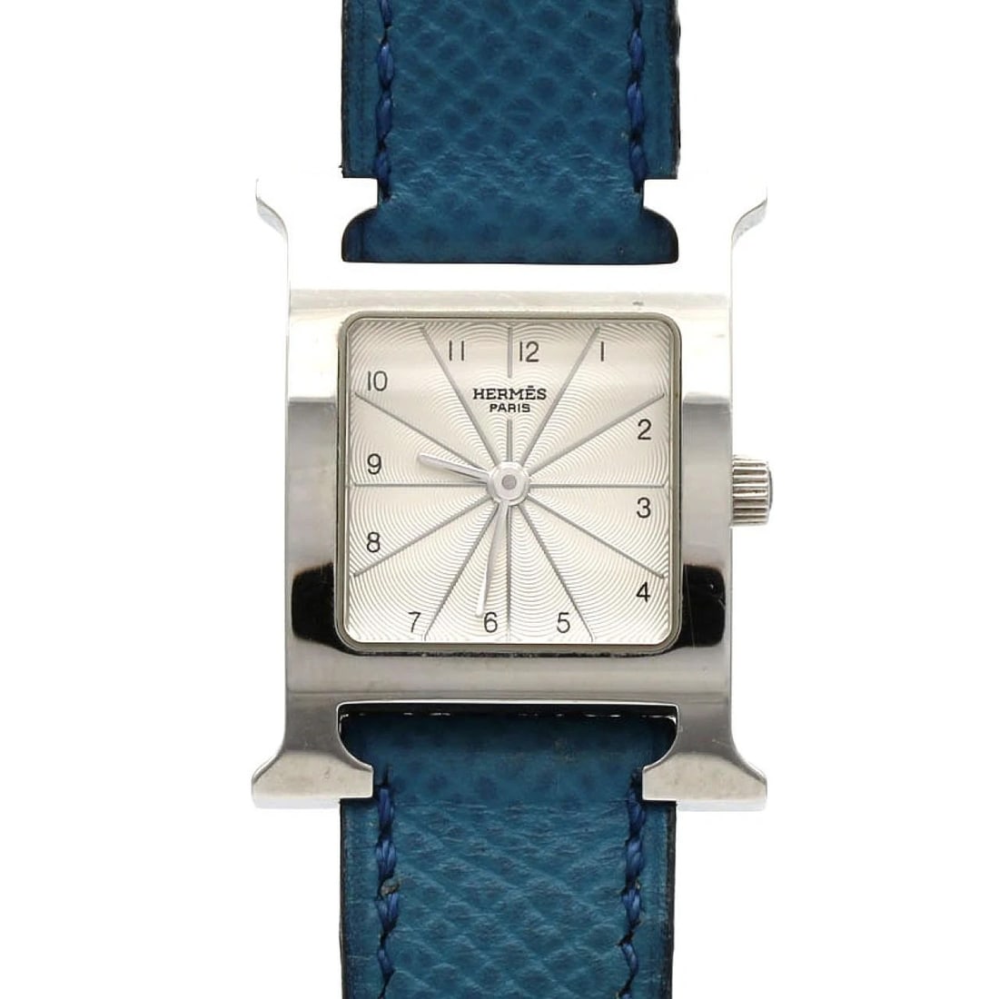 HERMES H-WATCH STAINLESS STEEL WATCH: Hermes H-Watch Stainless Steel Watch Brand: HERMES Type/Style: Wrist watch Material: Case: Stainless Steel Bracelet: Strap Color: Dial Color: Silver/Arabic Band Color: Blue Size: Case diameter: 21x30 