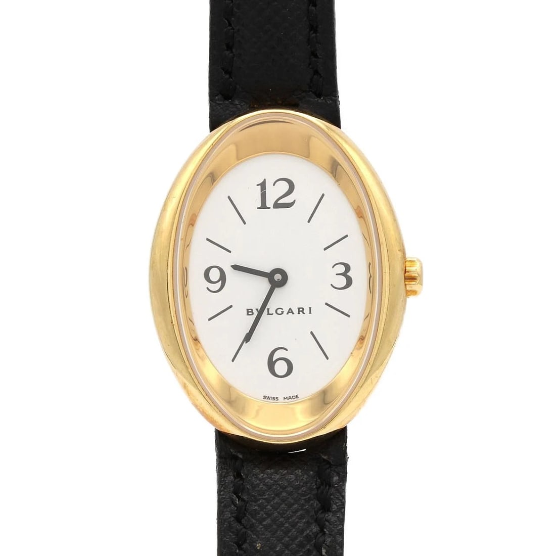 BULGARI OVAL YG QUARTZ WATCH: Bulgari Oval YG Quartz Watch Brand: BVLGARI Type/Style: Wrist watch Material: Case: Yellow gold Bracelet: Strap Color: Dial Color: White Band Color: Black Size: Case diameter: Approx. 32 Accessories: