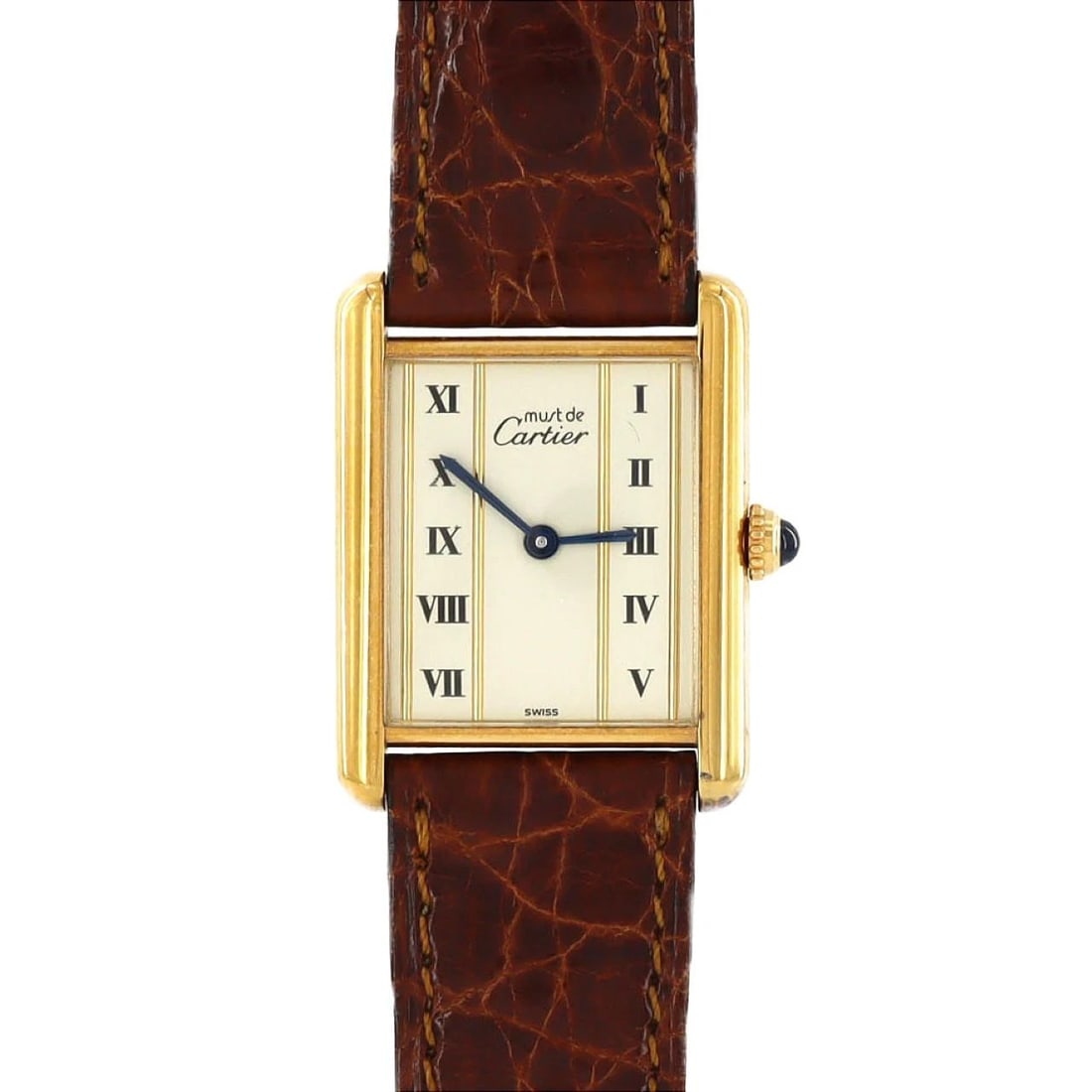 CARTIER MUST TANK LM GOLD PLATED WATCH: Cartier Must Tank LM Gold Plated Watch Brand: CARTIER Type/Style: Wrist watch Material: Case: Gold plated Bracelet: Strap Color: Dial Color: Ivory/Roman Band Color: Brown Size: Case diameter: approx.