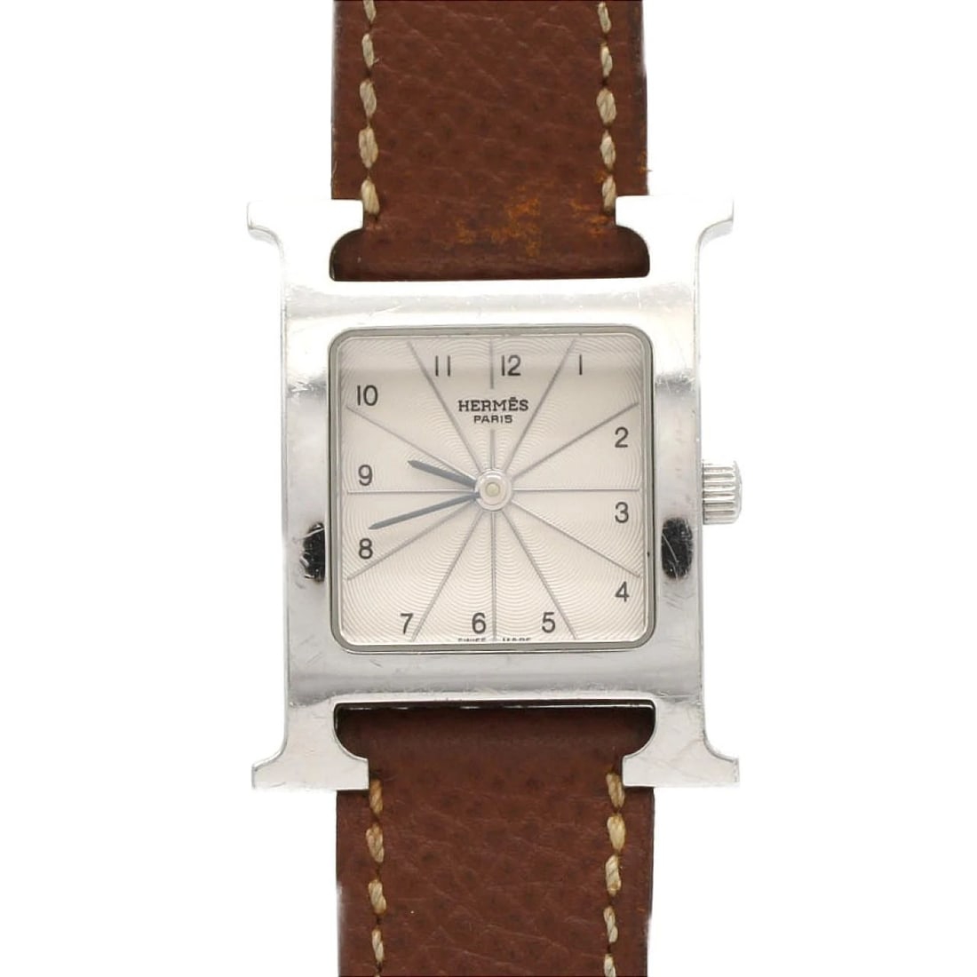 HERMES H-WATCH STAINLESS STEEL WATCH: Hermes H-Watch Stainless Steel Watch Brand: HERMES Type/Style: Wrist watch Material: Case: Stainless Steel Bracelet: Strap Color: Dial Color: Silver/Arabic Band Color: Brown Size: Case diameter: