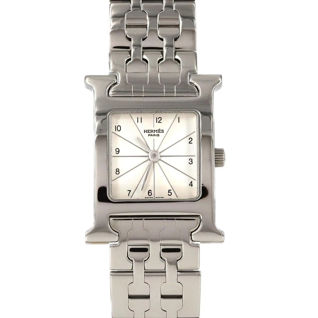 HERMES H WATCH STAINLESS STEEL QUARTZ WATCH: Hermes H Watch Stainless Steel Quartz Watch Brand: HERMES Type/Style: Wrist watch Material: Case: Stainless Steel Breath: Stainless Steel Color: Dial color: Silver/Arabic Size: Case diameter: 21x30