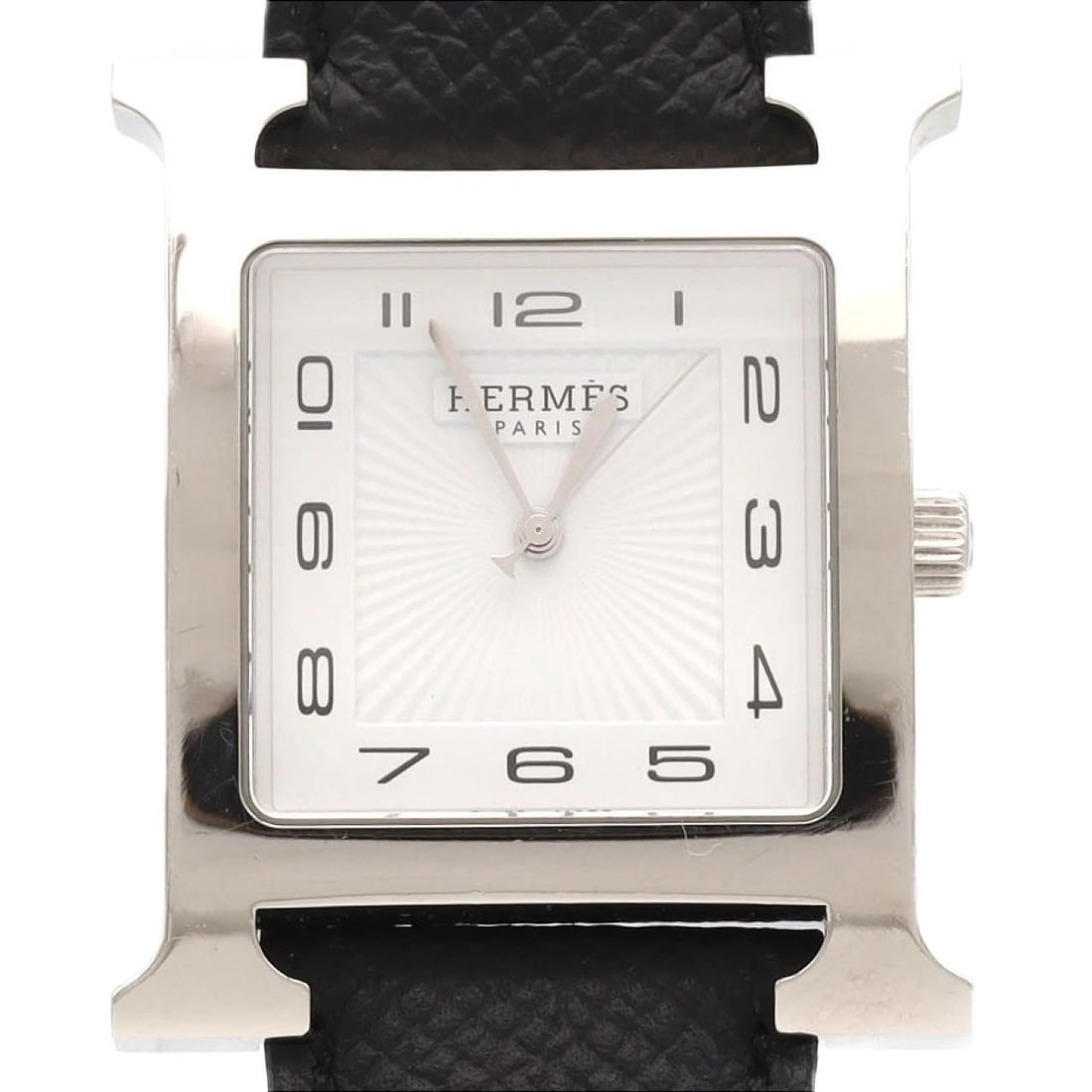 HERMES H-WATCH STAINLESS STEEL WATCH: Hermes H-Watch Stainless Steel Watch Brand: HERMES Type/Style: Wrist watch Material: Case: Stainless Steel Bracelet: Strap Color: Dial Color: White/Arabic Band Color: Black Size: Case dimensions