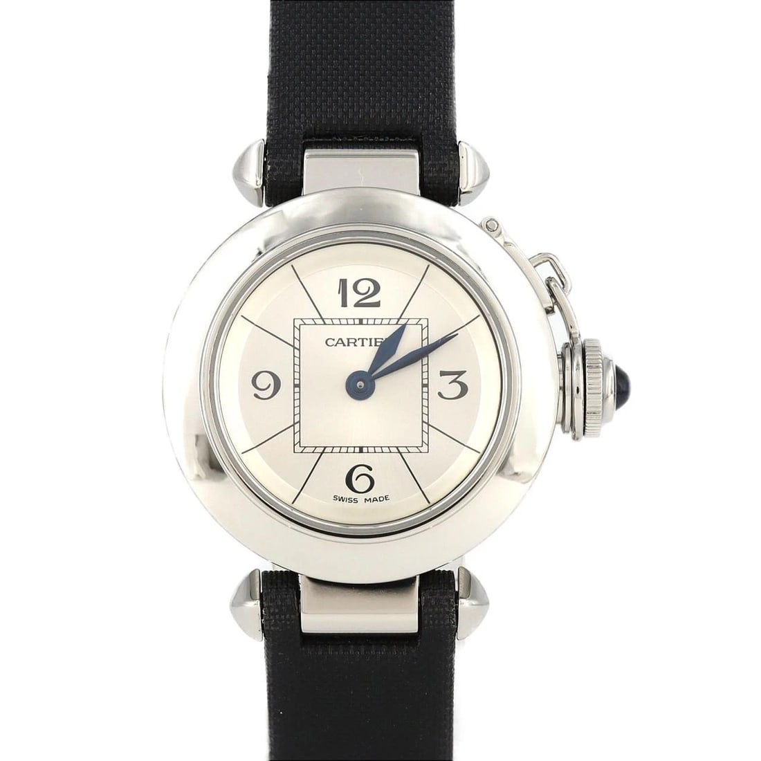 CARTIER MISS PASHA STAINLESS STEEL QUARTZ WATCH: Cartier Miss Pasha Stainless Steel Quartz Watch Brand: CARTIER Type/Style: Wrist watch Material: Case: Stainless Steel Bracelet: Strap Color: Dial Color: Silver Band Color: Black Size: Case diameter: 