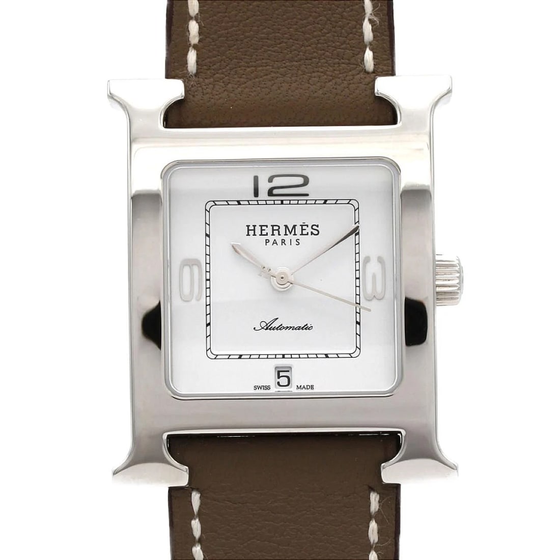 HERMES H-WATCH STAINLESS STEEL WATCH: Hermes H-Watch Stainless Steel Watch Brand: HERMES Type/Style: Wrist watch Material: Case: Stainless Steel Bracelet: Strap Color: Dial color: White Band color: Etoupe, Greige Size: Case diameter: