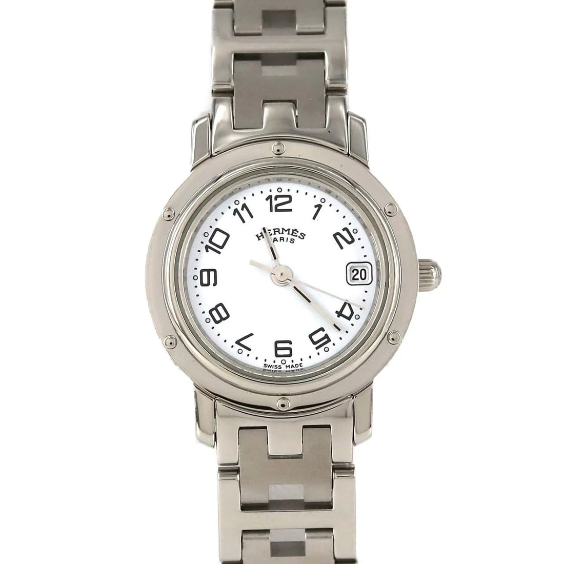 HERMES CLIPPER STAINLESS STEEL QUARTZ WATCH: Hermes Clipper Stainless Steel Quartz Watch Brand: HERMES Type/Style: Wrist watch Material: Case: Stainless Steel Breath: Stainless Steel Color: Dial color: White/Arabic Size: Case diameter: Approx.