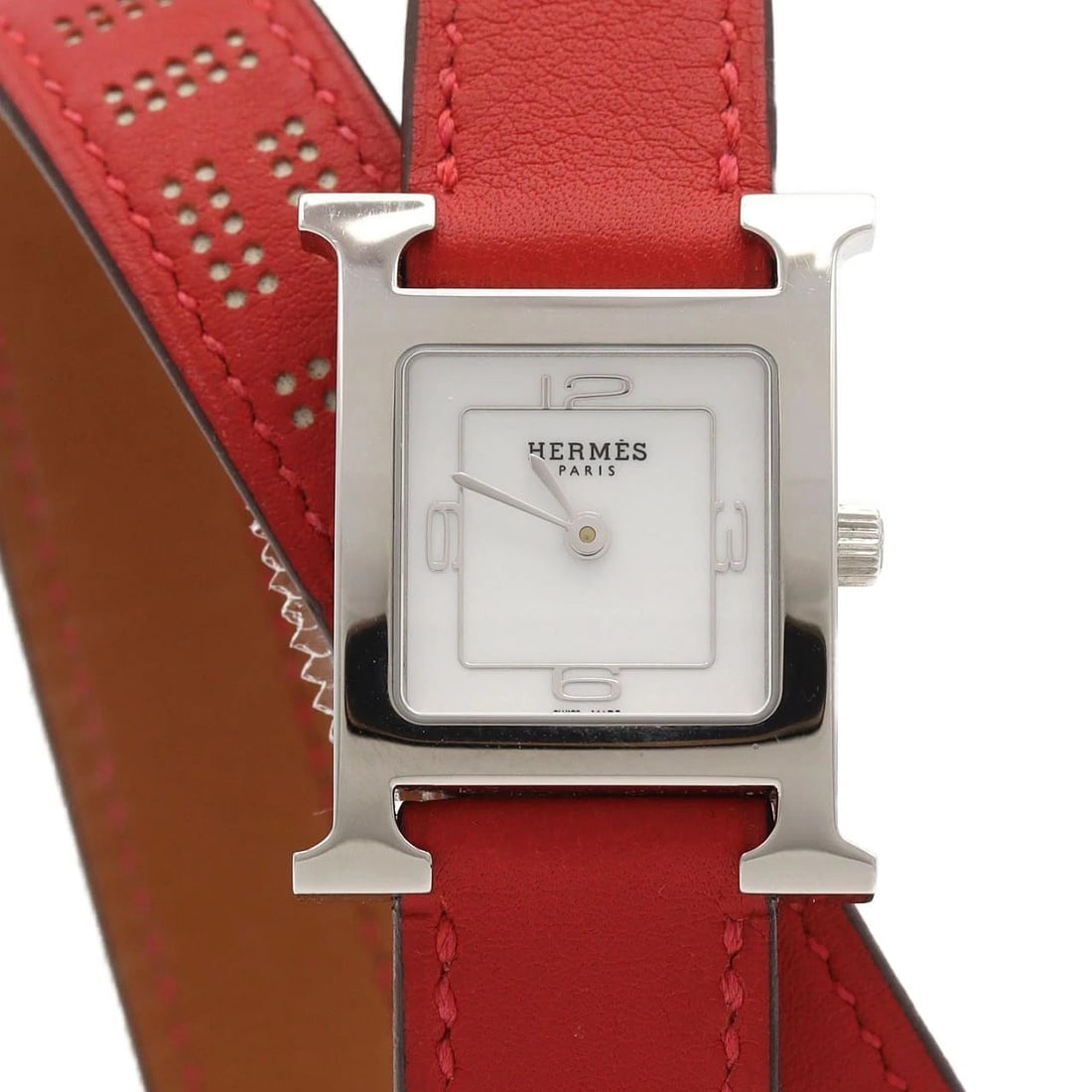 HERMES H-WATCH DOUBLE TOUR STAINLESS STEEL QUARTZ WATCH: Hermes H-Watch Double Tour Stainless Steel Quartz Watch Brand: HERMES Type/Style: Wrist watch Material: Case: Stainless Steel Bracelet: Strap Color: Dial Color: White Band Color: Red Size: Case diamet