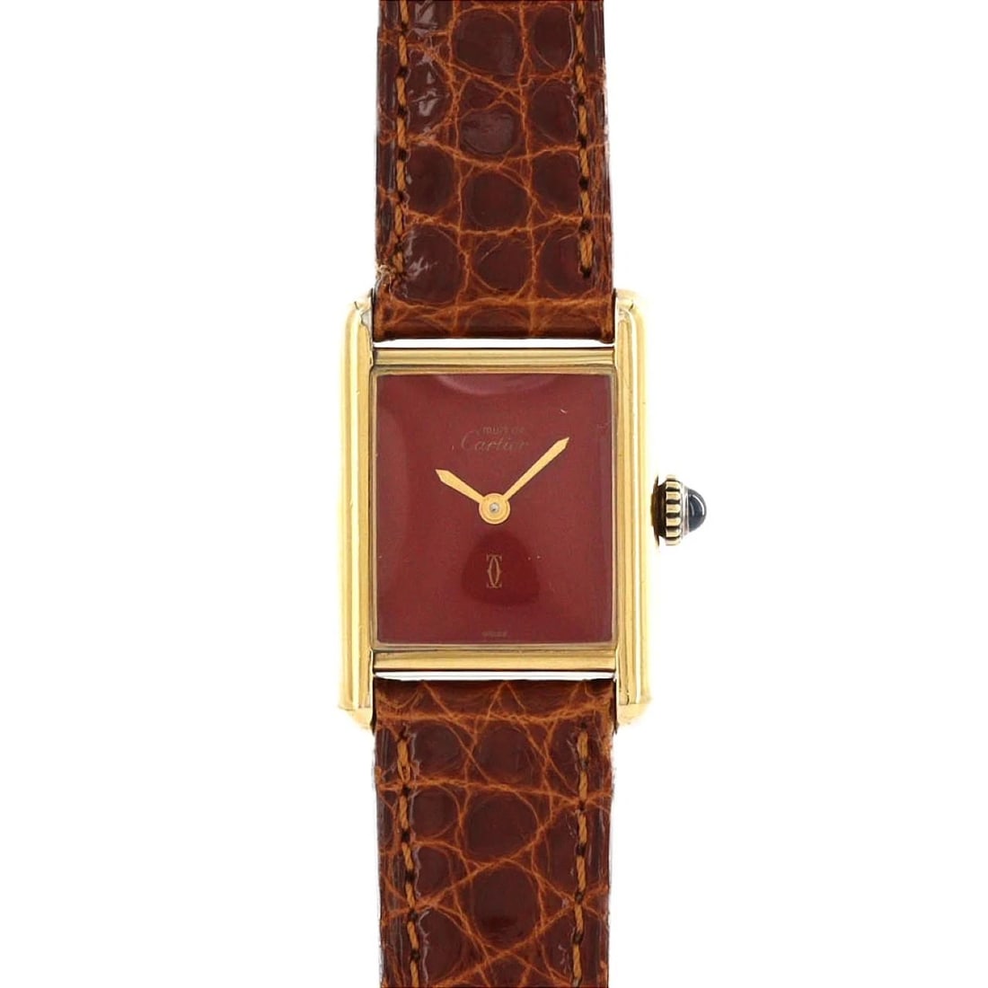 CARTIER MUST TANK SM GOLD PLATED MANUAL WATCH: Cartier Must Tank SM Gold Plated Manual Watch Brand: CARTIER Type/Style: Wrist watch Material: Case: Gold plated Bracelet: Strap Color: Dial Color: Red Band Color: Brown Size: Case diameter: 20.5 x 28