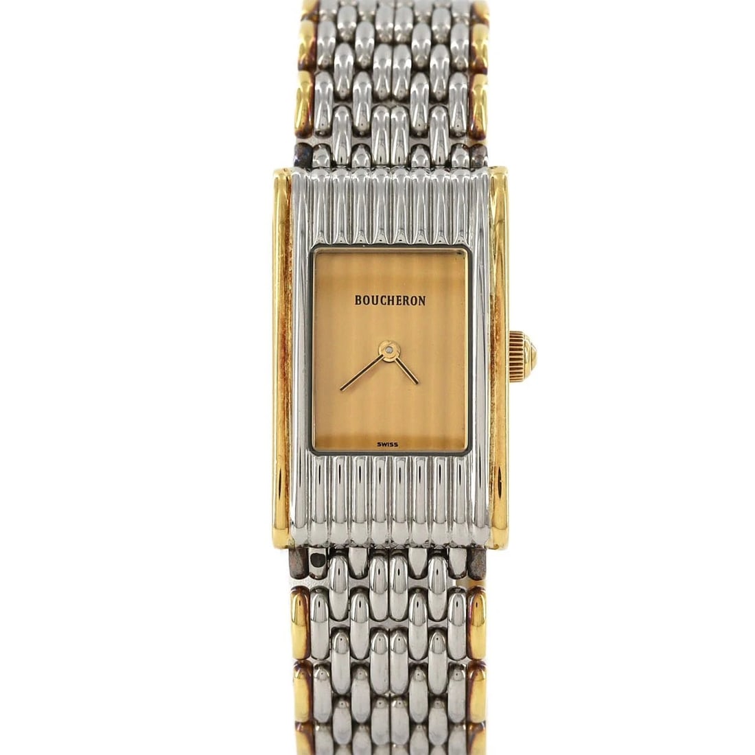 BOUCHERON REFLET COMBINATION SSXYG QUAR WATCH: Boucheron Reflet Combination SSxYG Quar Watch Brand: Boucheron Type/Style: Wrist watch Material: Case: Stainless steel x yellow gold Bracelet: Stainless steel x yellow gold Color: Dial color: Gold Siz
