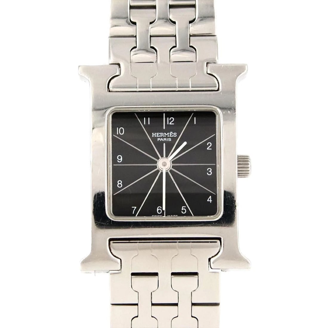 HERMES H-WATCH STAINLESS STEEL WATCH: Hermes H-Watch Stainless Steel Watch Brand: HERMES Type/Style: Wrist watch Material: Case: Stainless Steel Breath: Stainless Steel Color: Dial color: Black/Arabic Size: Case diameter approx.: 21 x 30 