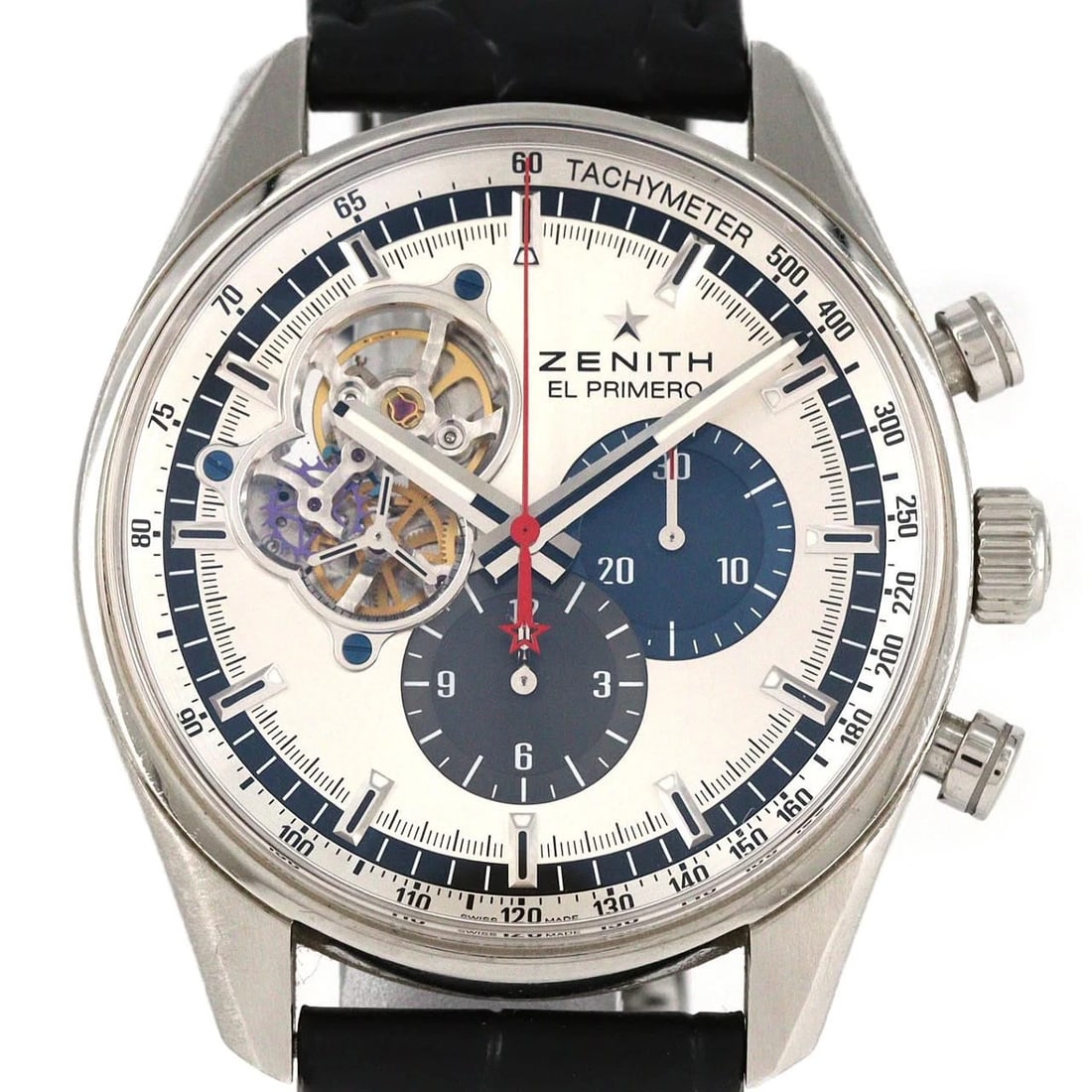 ZENITH CHRONOMASTER EL PRIMERO WATCH: Zenith Chronomaster El Primero Watch Brand: ZENITH Type/Style: Wrist watch Material: Case: Stainless Steel Bracelet: Strap Color: Dial color: Silver, Gray-Blue Band color: Black Size: Case diameter: A