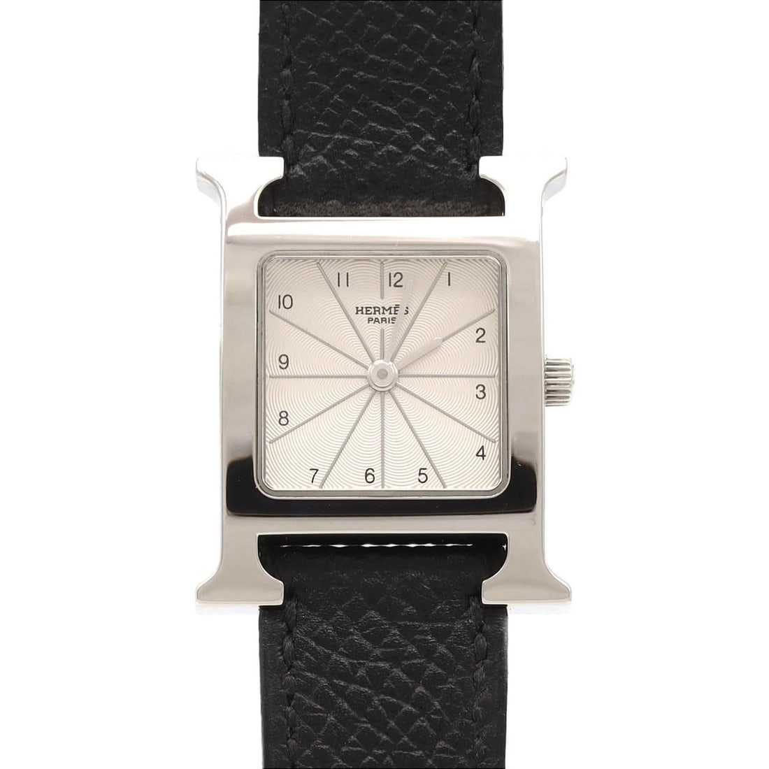 HERMES H WATCH STAINLESS STEEL QUARTZ WATCH: Hermes H Watch Stainless Steel Quartz Watch Brand: HERMES Type/Style: Wrist watch Material: Case: Stainless Steel Bracelet: Strap Color: Dial Color: Silver/Arabic Band Color: Black Size: Case diameter