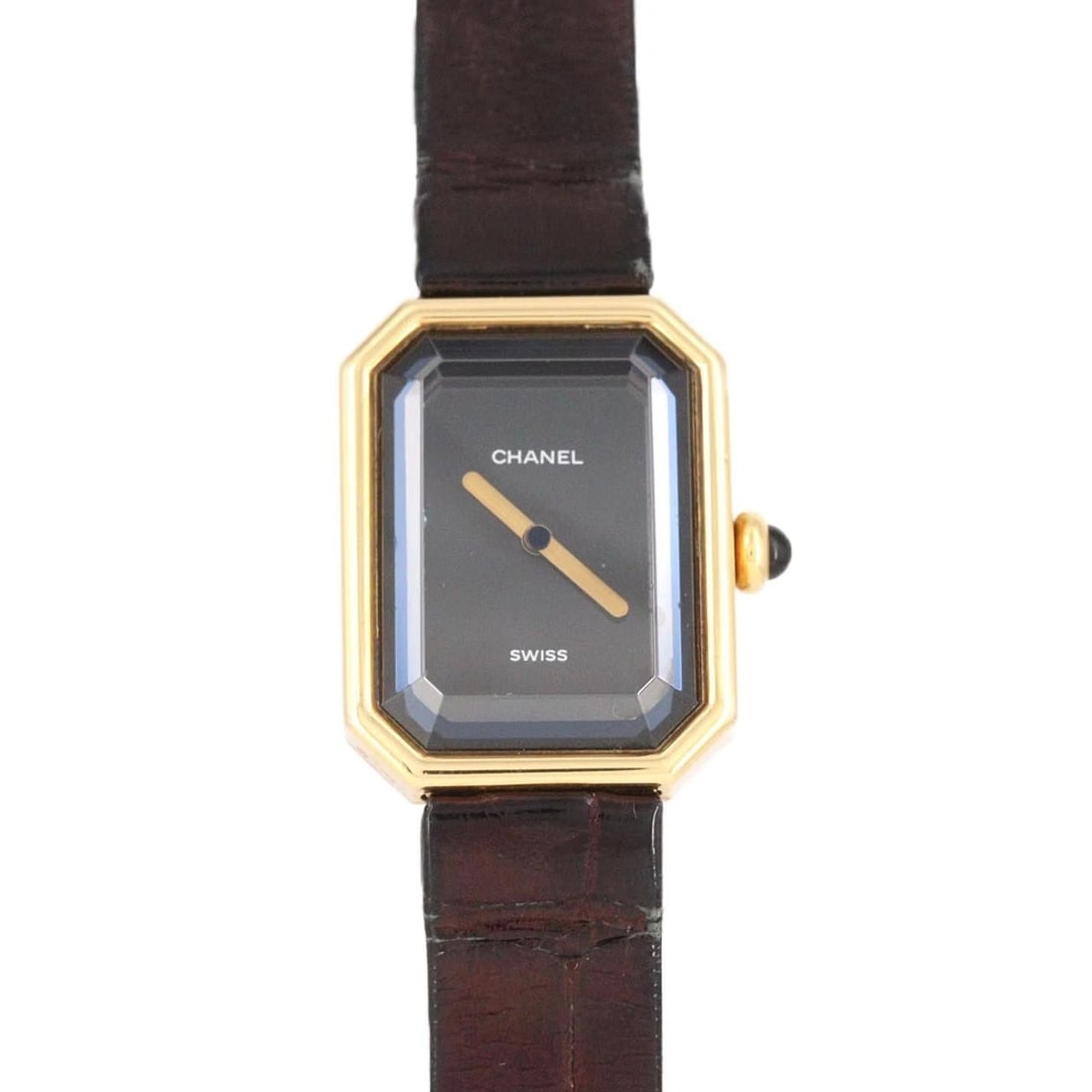 CHANEL PREMIERE YG QUARTZ WATCH: Chanel Premiere YG Quartz Watch Brand: CHANEL Type/Style: Wrist watch Material: Case: Yellow gold Bracelet: Strap Color: Dial Color: Black Band Color: Brown Size: Case diameter: 20x26mm Accessorie