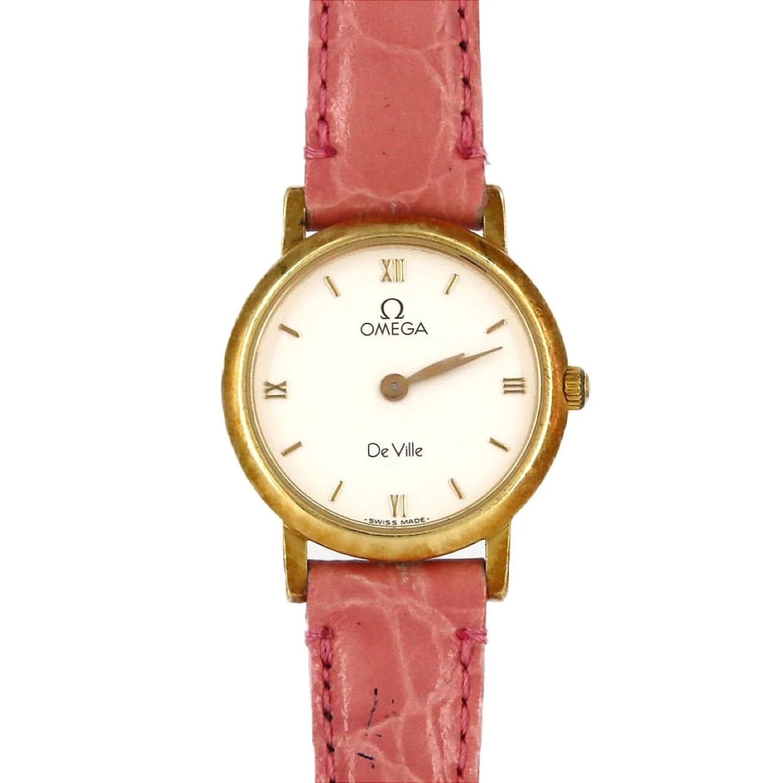 OMEGA DE VILLE YG QUARTZ WATCH: Omega De Ville YG Quartz Watch Brand: OMEGA Type/Style: Wrist watch Material: Case: Yellow gold Bracelet: Strap Color: Dial Color: Silver Band Color: Pink Size: Case diameter approximately: 23.5 mm
