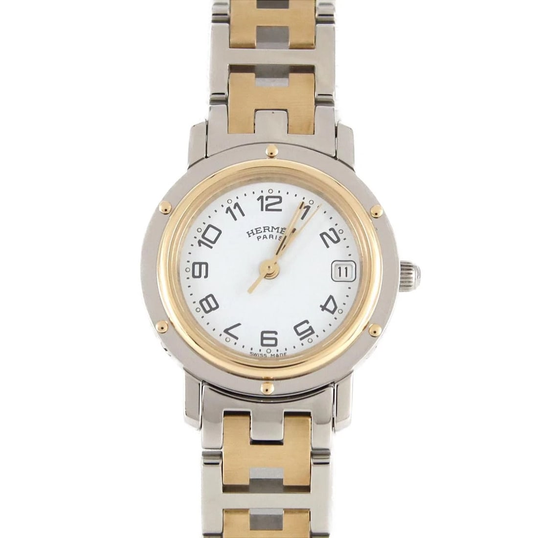 HERMES CLIPPER TWO-TONE SSXGP QUARTZ WATCH: Hermes Clipper Two-tone SSxGP Quartz Watch Brand: HERMES Type/Style: Wrist watch Material: Case: Stainless steel x gold plated Bracelet: Stainless steel x gold plated Color: Dial color: White/Arabic S