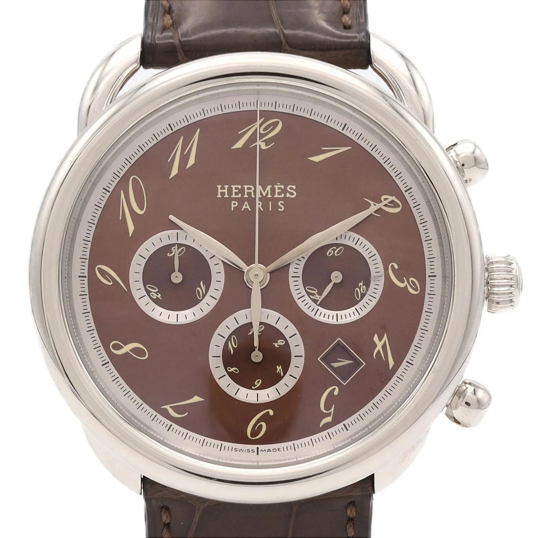 HERMES ARCEAU CHRONO STAINLESS WATCH: Hermes Arceau Chrono Stainless Watch Brand: HERMES Type/Style: Wrist watch Material: Case: Stainless Steel Bracelet: Strap Color: Dial Color: Brown/Arabic Band Color: Brown Size: Case diameter: Approx