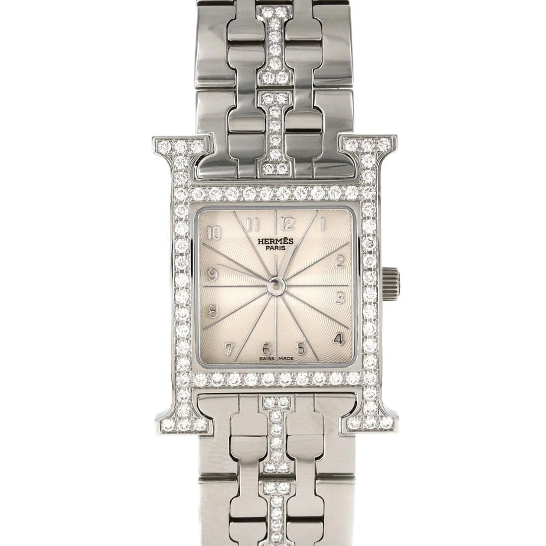 HERMES H-WATCH STAINLESS STEEL QUARTZ WATCH: Hermes H-Watch Stainless Steel Quartz Watch Brand: HERMES Type/Style: Wrist watch Material: Case: Stainless Steel Breath: Stainless Steel Color: Dial color: Silver/Arabic Size: Case diameter: 21x30 mm