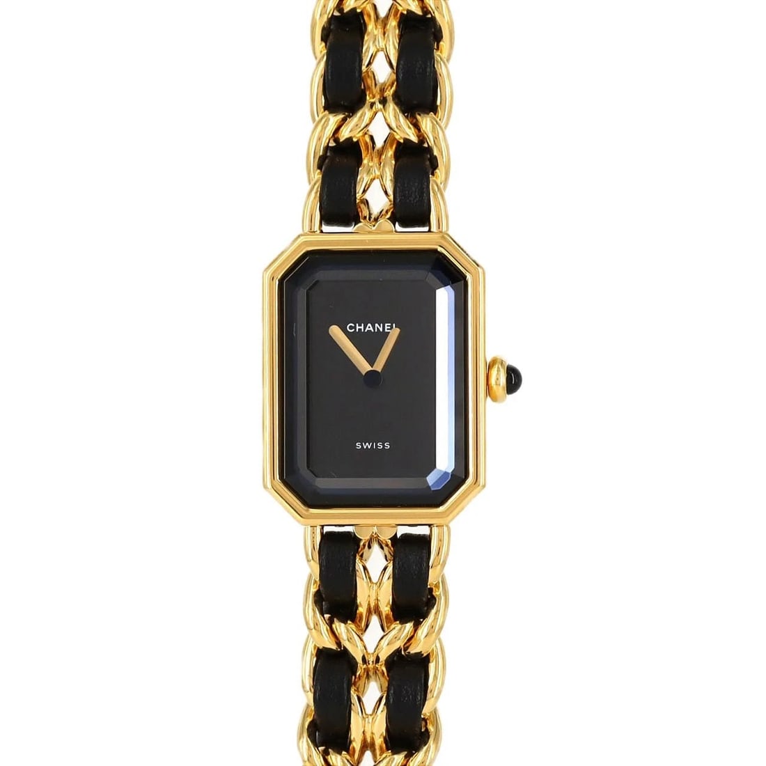 CHANEL PREMIERE GOLD PLATED LARGE GOLD PLATED QUARTZ WATCH: Chanel Premiere Gold Plated Large Gold Plated Quartz Watch Brand: CHANEL Type/Style: Wrist watch Material: Case: Gold plated Bracelet: Gold plated x Strap Color: Dial Color: Black Band Color: Black Si