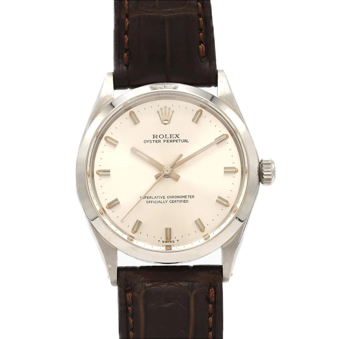 ROLEX OYSTER PERPETUAL STAINLESS WATCH: Rolex Oyster Perpetual Stainless Watch Brand: ROLEx Type/Style: Wrist watch Material: Case: Stainless Steel Bracelet: Strap Color: Dial Color: Silver Band Color: Brown Size: Case diameter: Approx. 34m