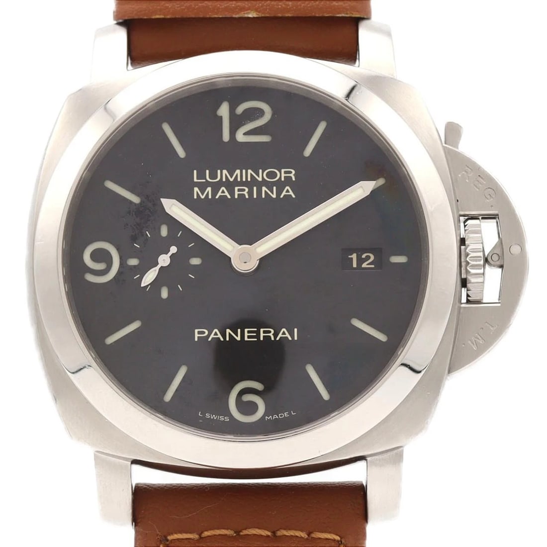 PANERAI LUMINOR MARINA WATCH: Panerai Luminor Marina Watch Brand: PANERAI Type/Style: Wrist watch Material: Case: Stainless Steel Bracelet: Strap Color: Dial Color: Black Band Color: Brown Size: Case diameter: Approx. 44mm Acc