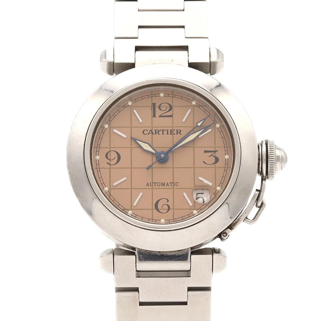 CARTIER PASHA STAINLESS WATCH: Cartier Pasha Stainless Watch Brand: CARTIER Type/Style: Wrist watch Material: Case: Stainless Steel Breath: Stainless Steel Color: Dial color: Pink checkered pattern Size: Case diameter: Approx. 35