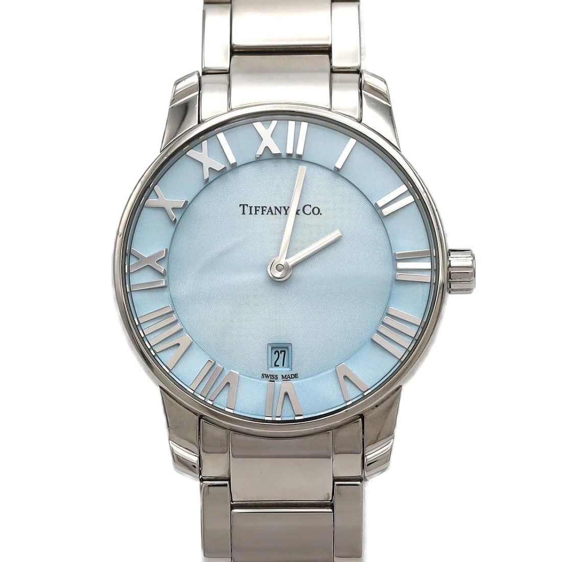 TIFFANY&CO. ATLAS STAINLESS WATCH: TIFFANY&Co. Atlas Stainless Watch Brand: TIFFANY&Co. Type/Style: Wrist watch Material: Case: Stainless Steel Breath: Stainless Steel Color: Dial color: Blue/Roman Size: Case diameter: Approx. 29 mm
