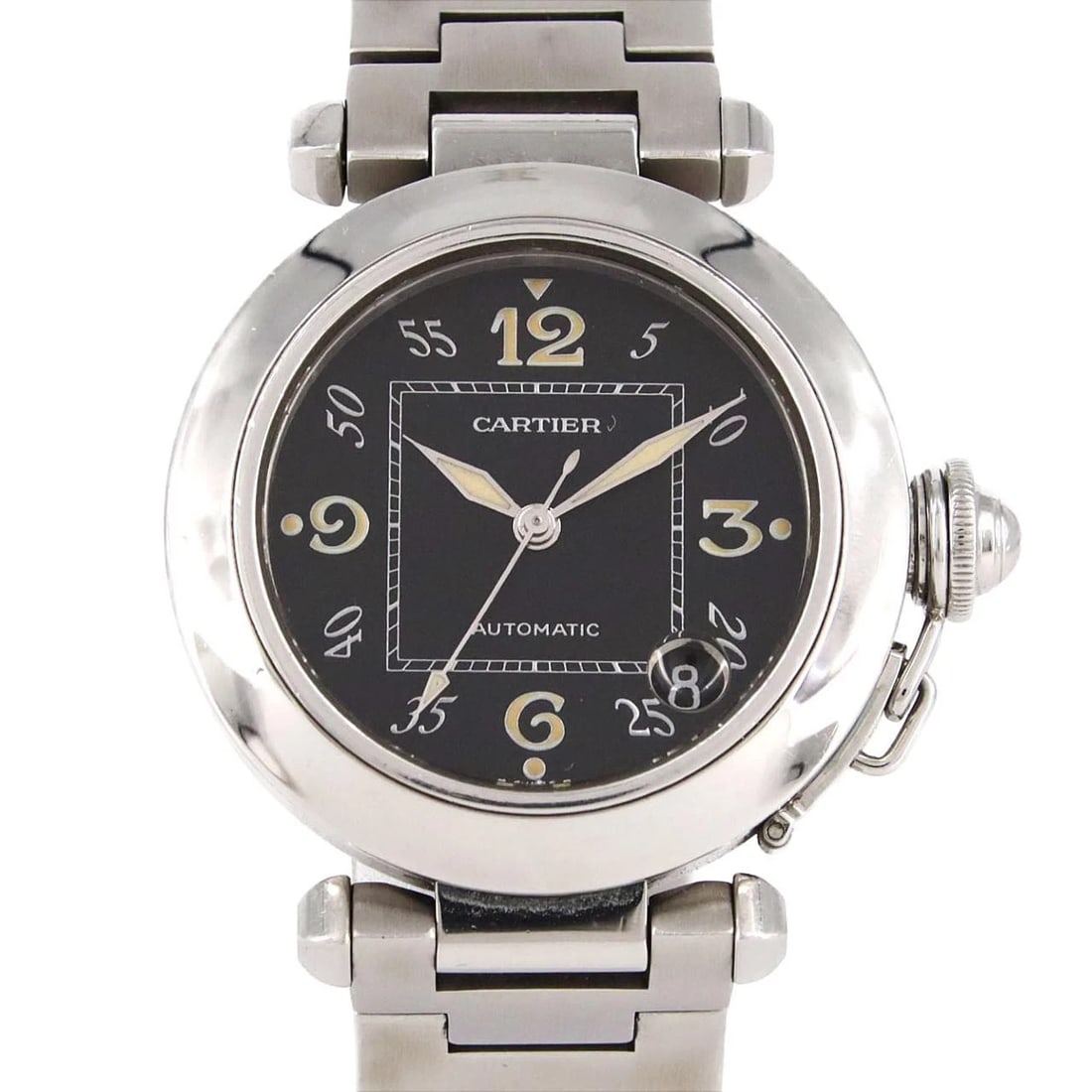 CARTIER PASHA STAINLESS WATCH: Cartier Pasha Stainless Watch Brand: CARTIER Type/Style: Wrist watch Material: Case: Stainless Steel Breath: Stainless Steel Color: Dial color: Black/Arabic Size: Case diameter: Approx. 35mm Wrist