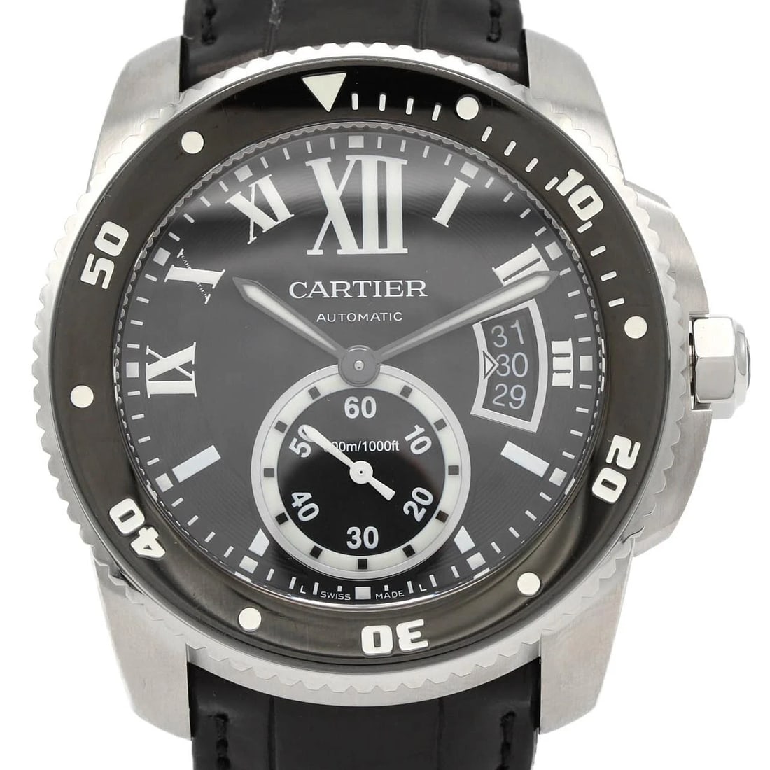 CARTIER CALIBRE DE CARTIER DIVER STAINLESS STEEL MECHANIC WATCH: Cartier Calibre de Cartier Diver Stainless Steel Mechanic Watch Brand: CARTIER Type/Style: Wrist watch Material: Case: Stainless Steel Bracelet: Strap Color: Dial Color: Black Band Color: Black Size: