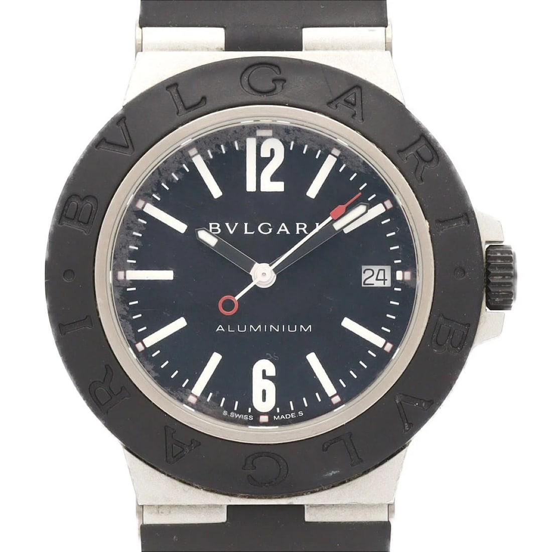BULGARI ALUMINUM WATCH: Bulgari Aluminum Watch Brand: BVLGARI Type/Style: Wrist watch Material: Case: Aluminum Bracelet: Rubber Color: Dial Color: Black Band Color: Black Size: Case diameter: Approx. 40mm Accessories: None