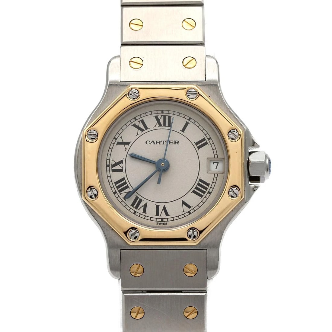 CARTIER SANTOS OCTAGON SM TWO-TONE WATCH: Cartier Santos Octagon SM Two-Tone Watch Brand: CARTIER Type/Style: Wrist watch Material: Case: Stainless steel x yellow gold Bracelet: Stainless steel x yellow gold Color: Dial color: Silver/Roman